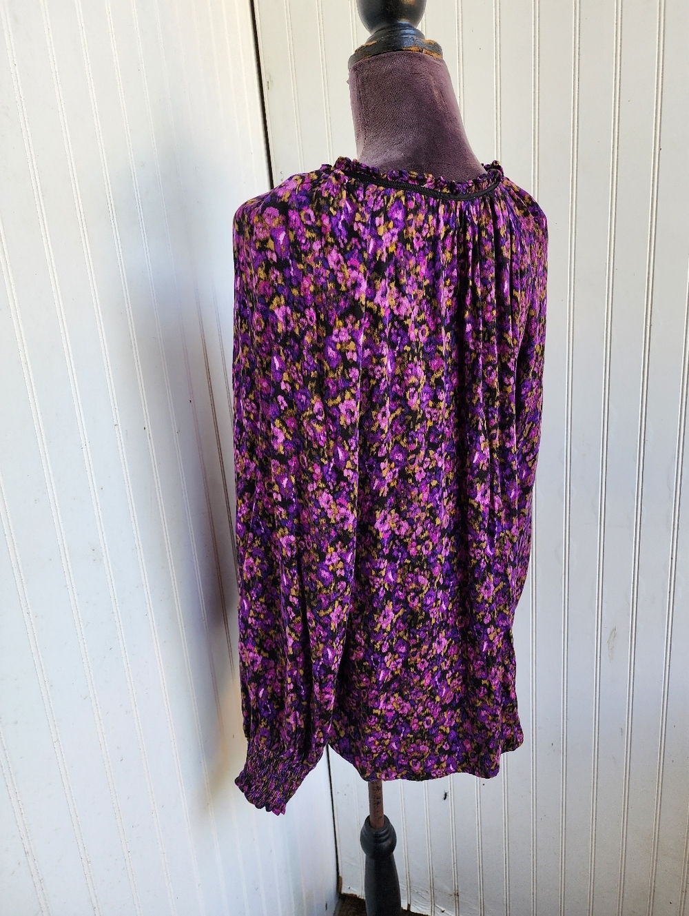 Democracy Womens Ruffle Edge V-Neck Floral Print Woven Long Sleeve Top Purple  L - Picture 8 of 16